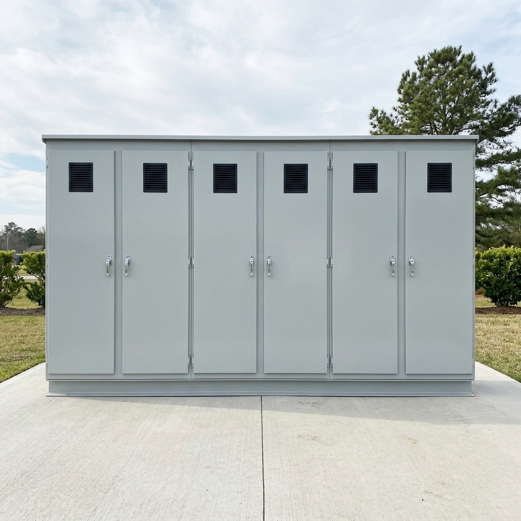 Outdoor multi-bay switchgear enclosure fabricated by FabTek Industries, installed on a concrete pad