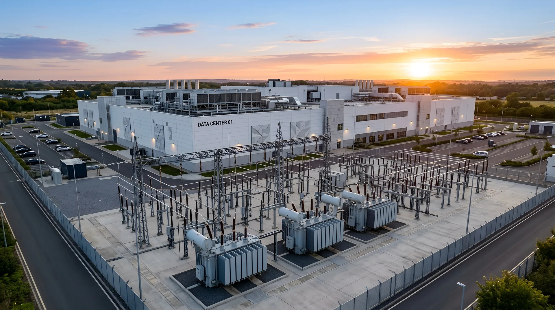Substation transformers at sunset