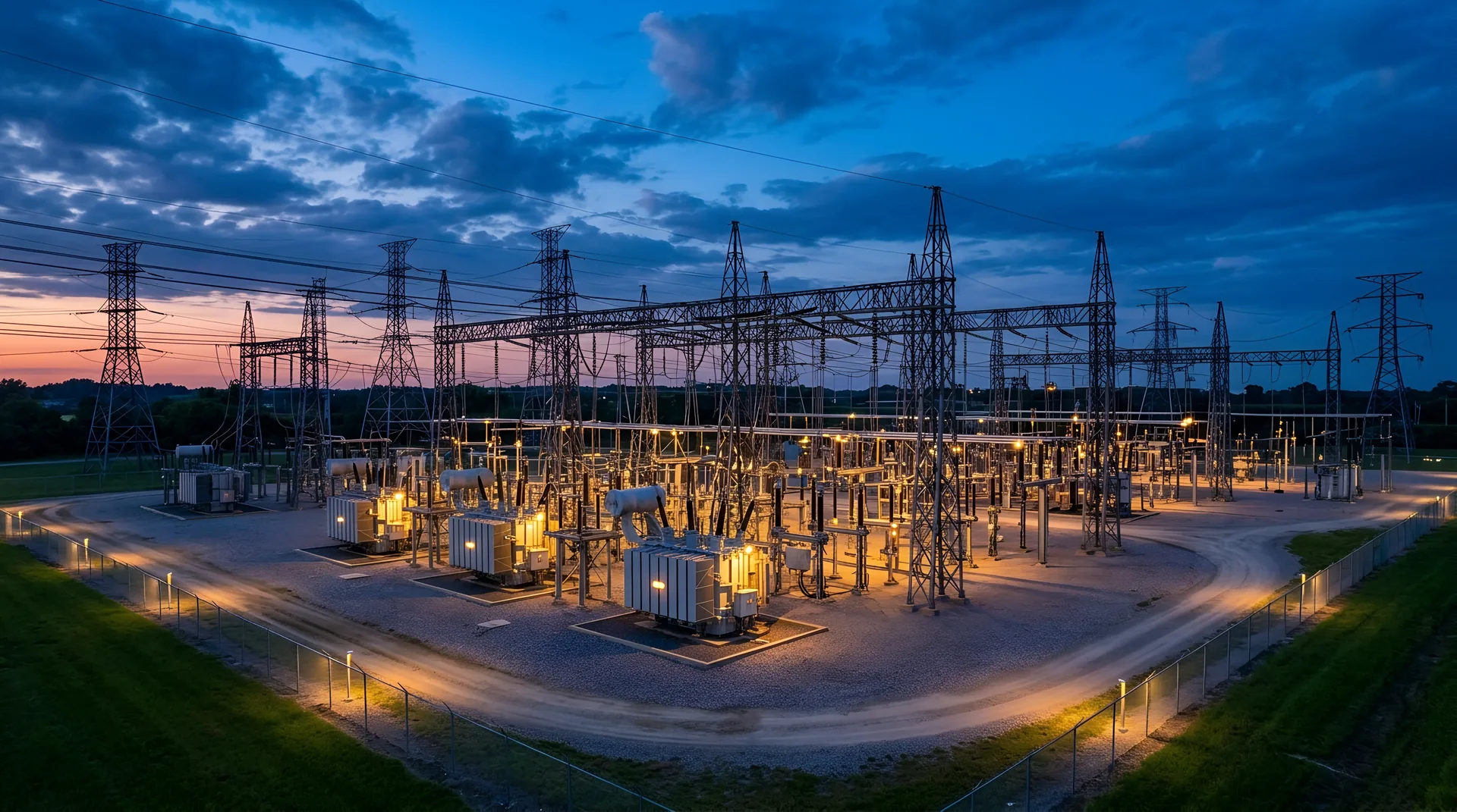 Electrical substation at dusk with transmission structures