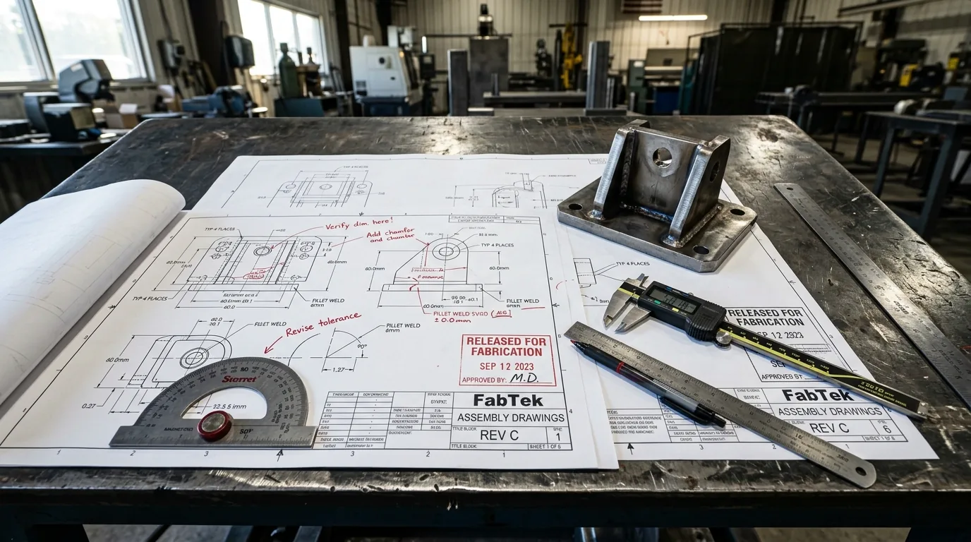 Released-for-fabrication assembly drawings and a welded bracket at FabTek Industries