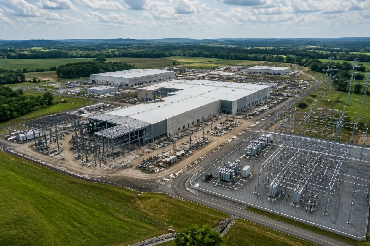 Aerial view of a hyperscale data center campus under construction beside its substation