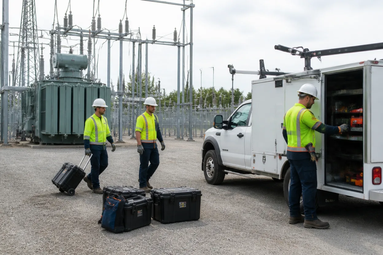 Field service crew staging equipment from a service truck at a substation
