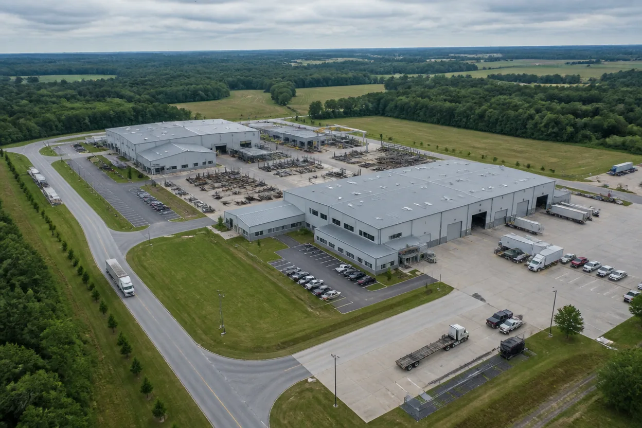 Aerial view of a large metal fabrication campus in the Southeast