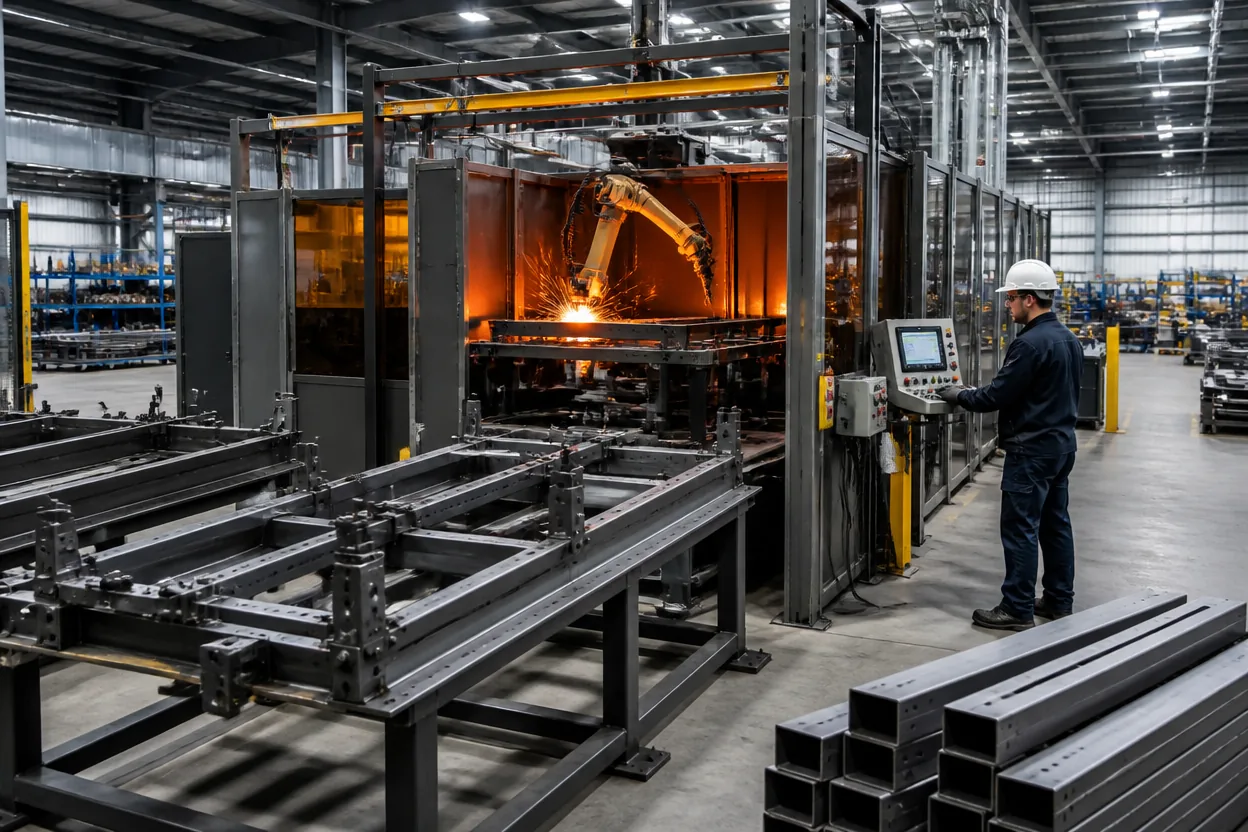 Robotic welding cell processing steel frames on a modern fabrication floor
