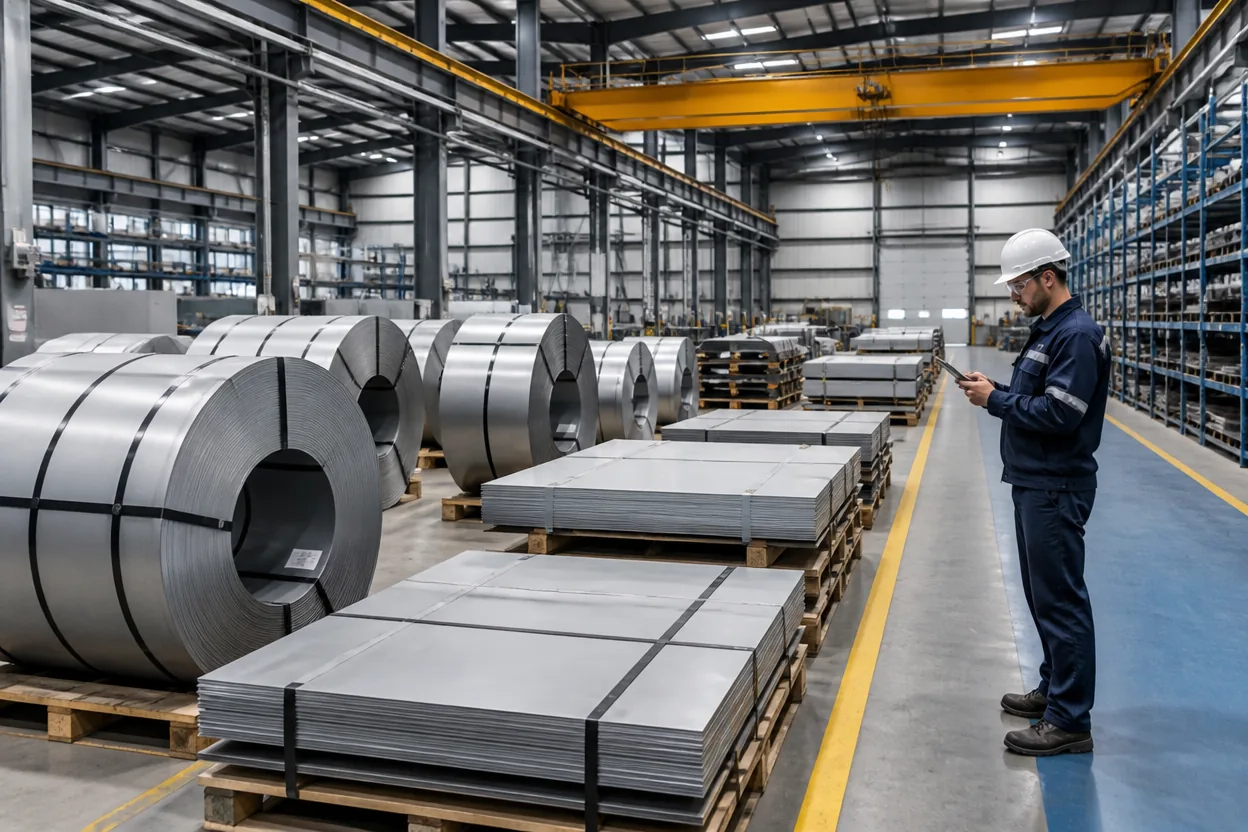 Steel coils and plate stock staged in a fabrication warehouse