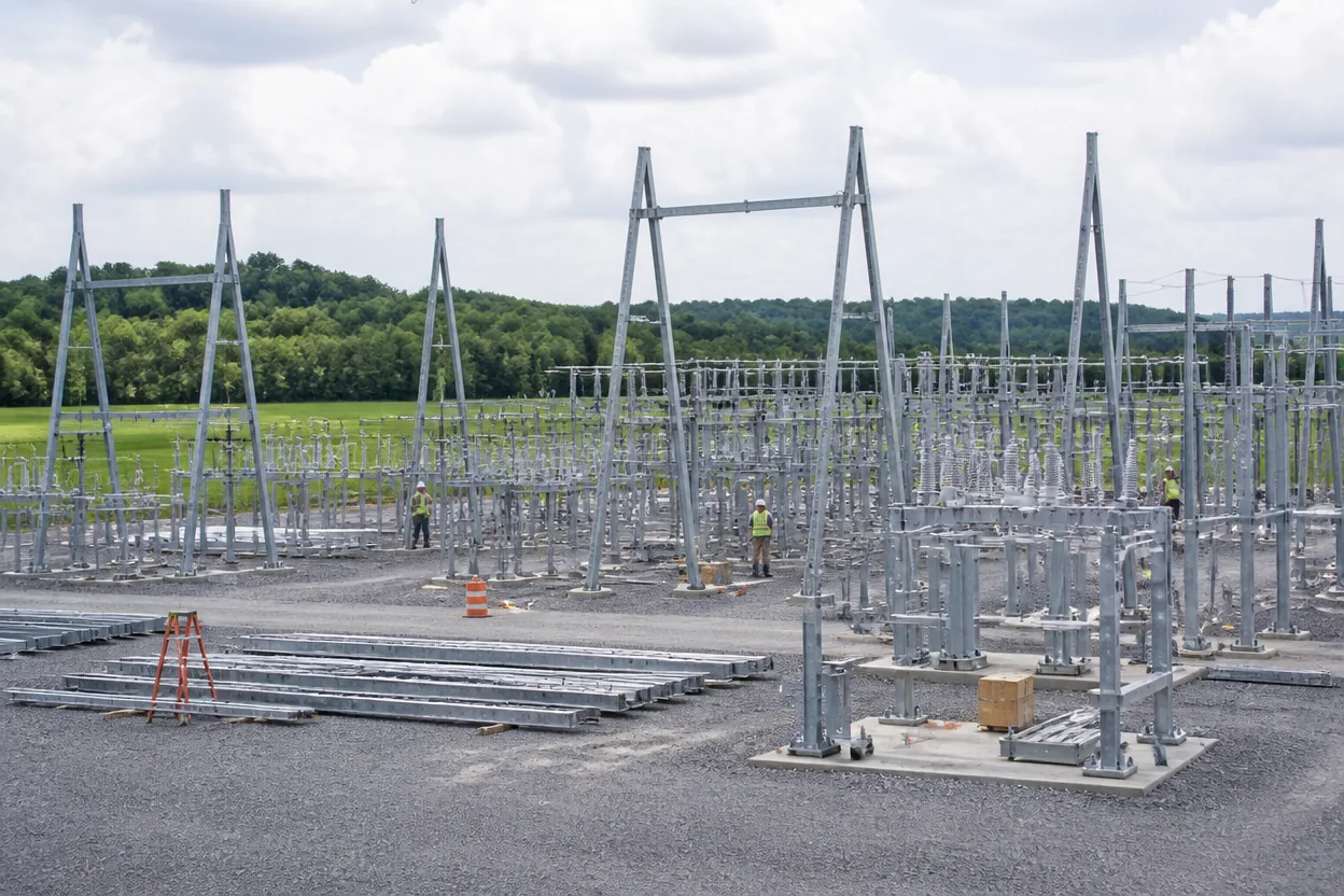 Galvanized A-frame and support structures being erected in a new substation yard