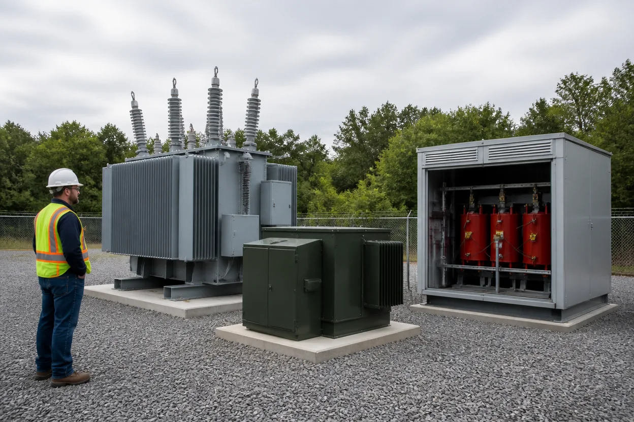 Liquid-filled, pad-mounted, and dry-type transformers installed side by side
