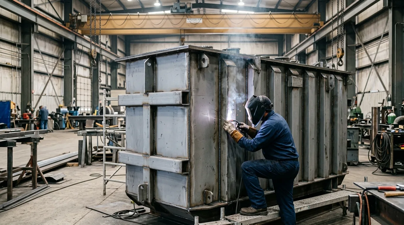Welder fabricating a welded transformer tank at FabTek Industries