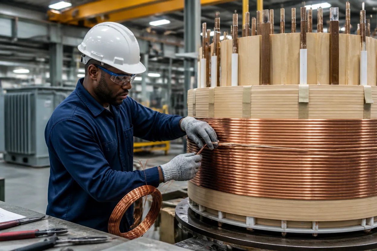 Technician hand-winding copper conductor on a transformer coil