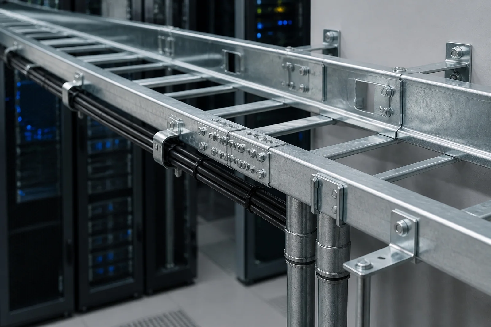 Galvanized ladder rack and cable tray on fabricated wall brackets and support posts carrying power cable above server racks in a data center