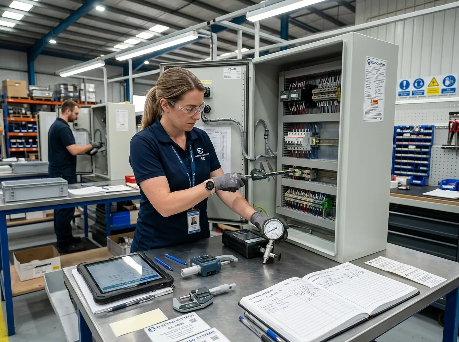 FabTek Industries technician performing quality inspection on an electrical control enclosure
