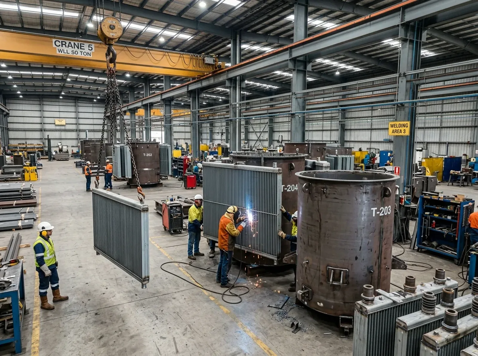 Transformer tank fabrication and welding under overhead crane at FabTek Industries