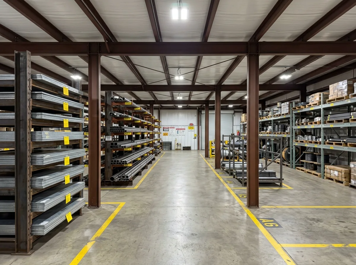 Indoor material storage racks of steel and stock at FabTek Industries Site 04 in Gallman, Mississippi