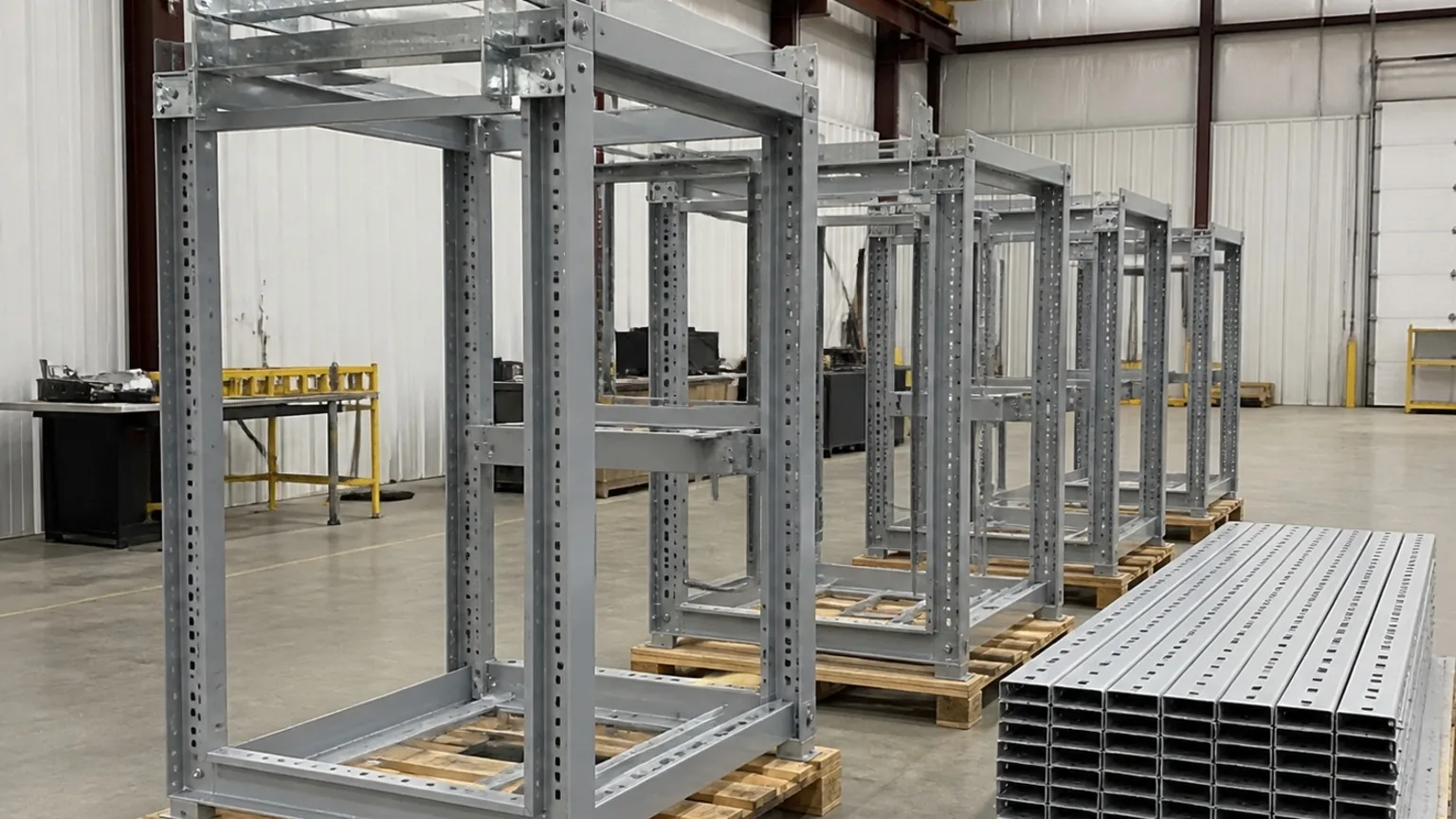 Cable and equipment rack frames staged — FabTek Industries
