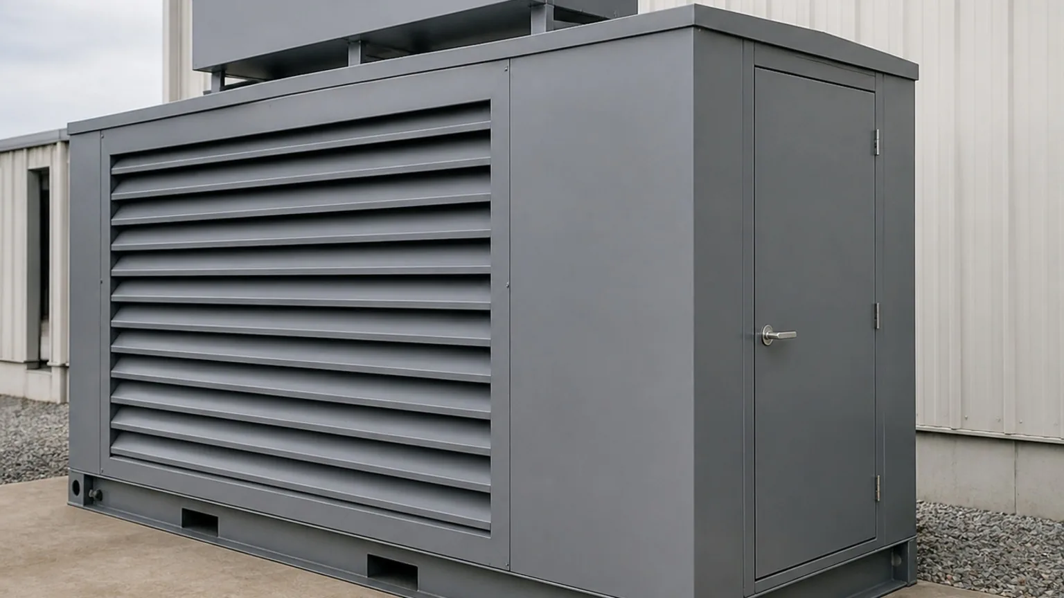 Walk-in enclosure with louvered intake wall and roof silencer — FabTek Industries