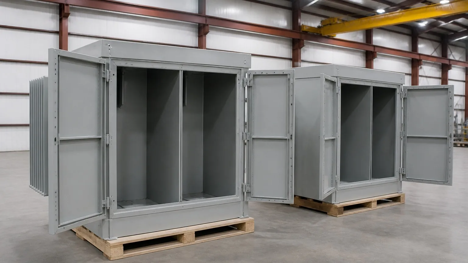 Three-phase cabinets, HV/LV doors open — FabTek Industries