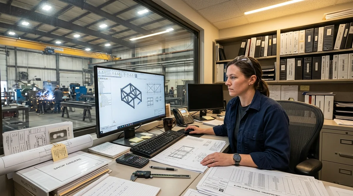 FabTek engineer reviewing a 3D CAD model of a structural assembly at a shop workstation