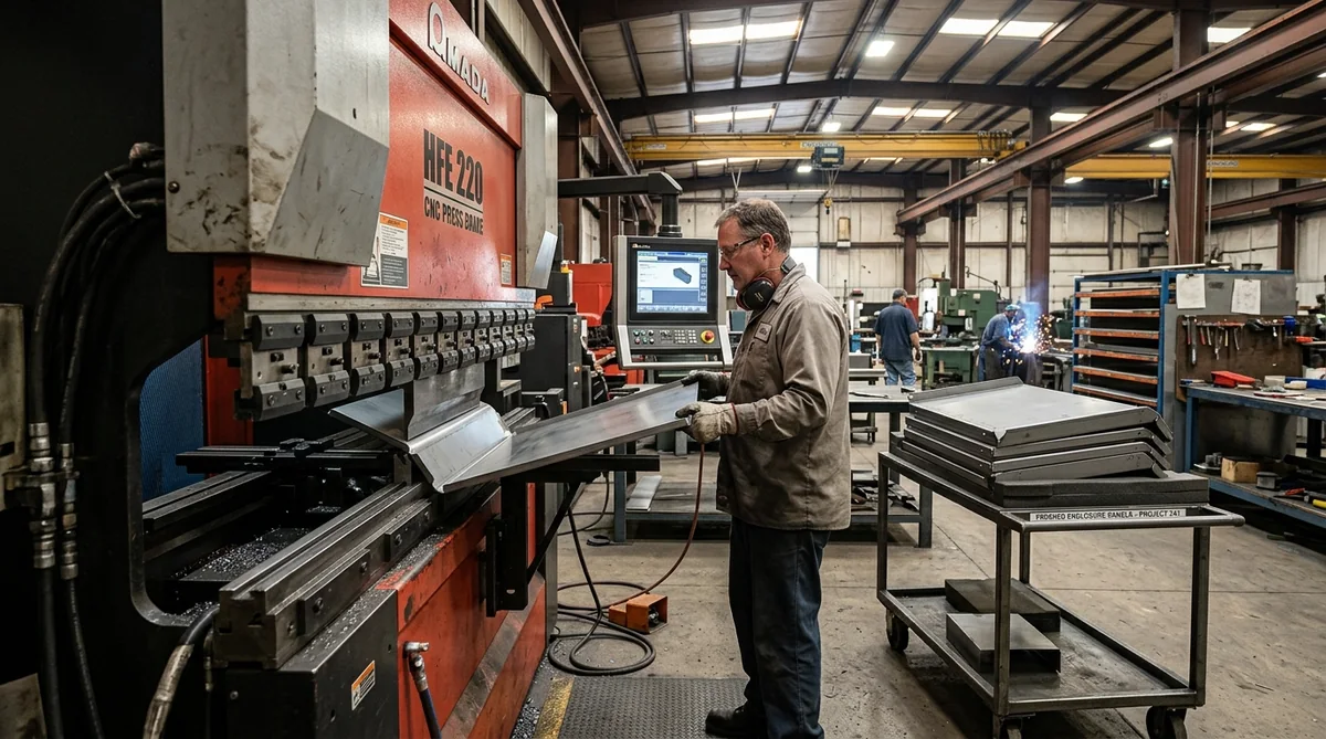 FabTek operator forming a steel enclosure panel on a CNC press brake