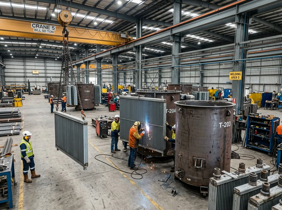FabTek fabrication floor with tanks and an overhead crane during a production run