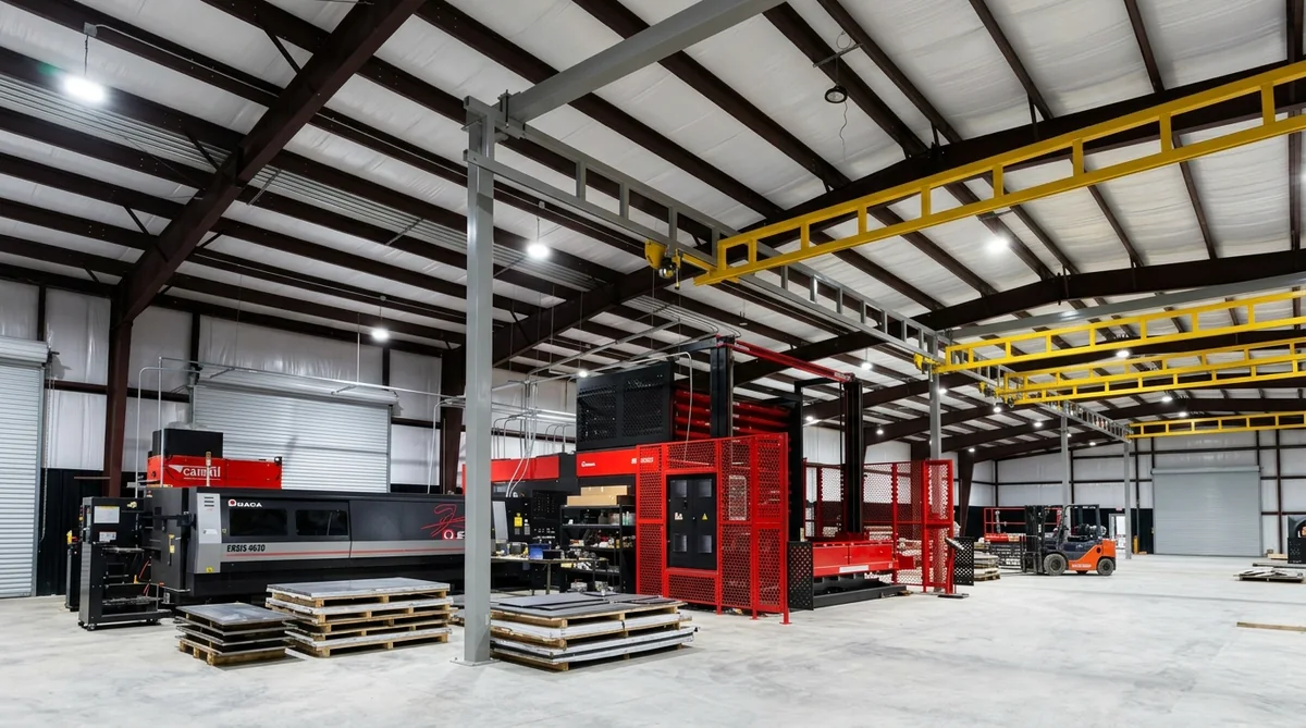 Amada ENSIS fiber laser and automated material tower in FabTek's production bay