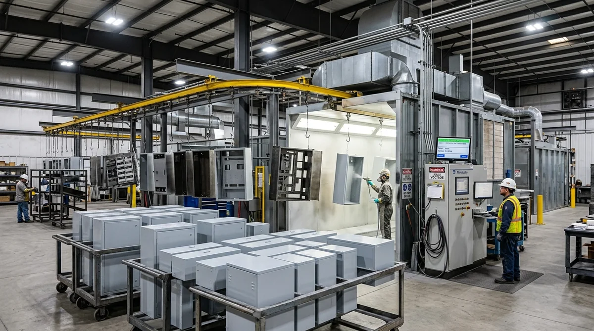 Powder-coat finishing line with coated transformer enclosures at FabTek