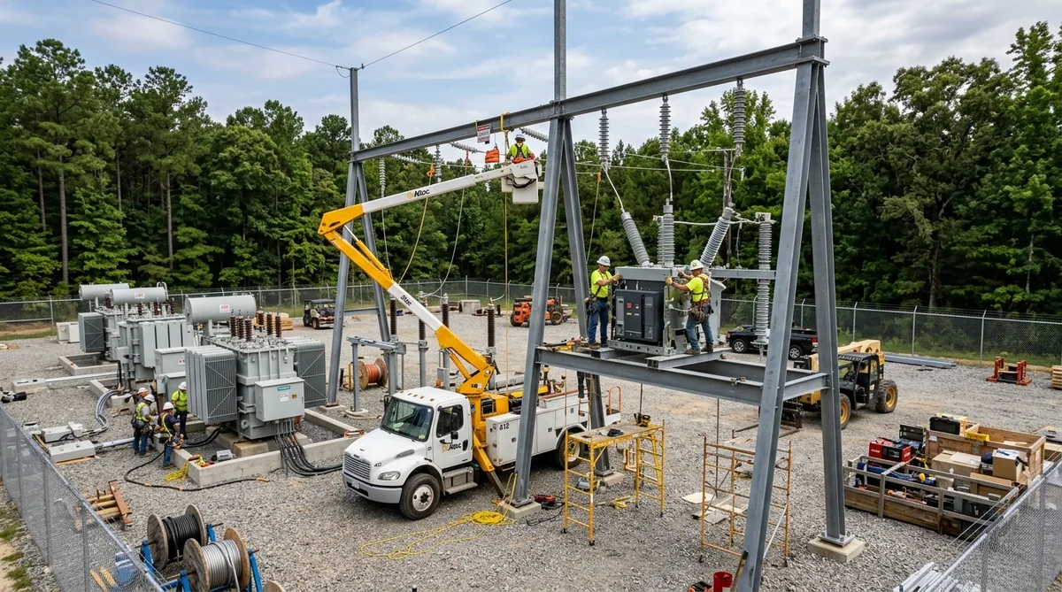 FabTek field crew assembling substation steel and equipment on site