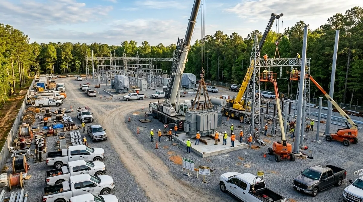 Substation support structures being set at a project site by FabTek field crews