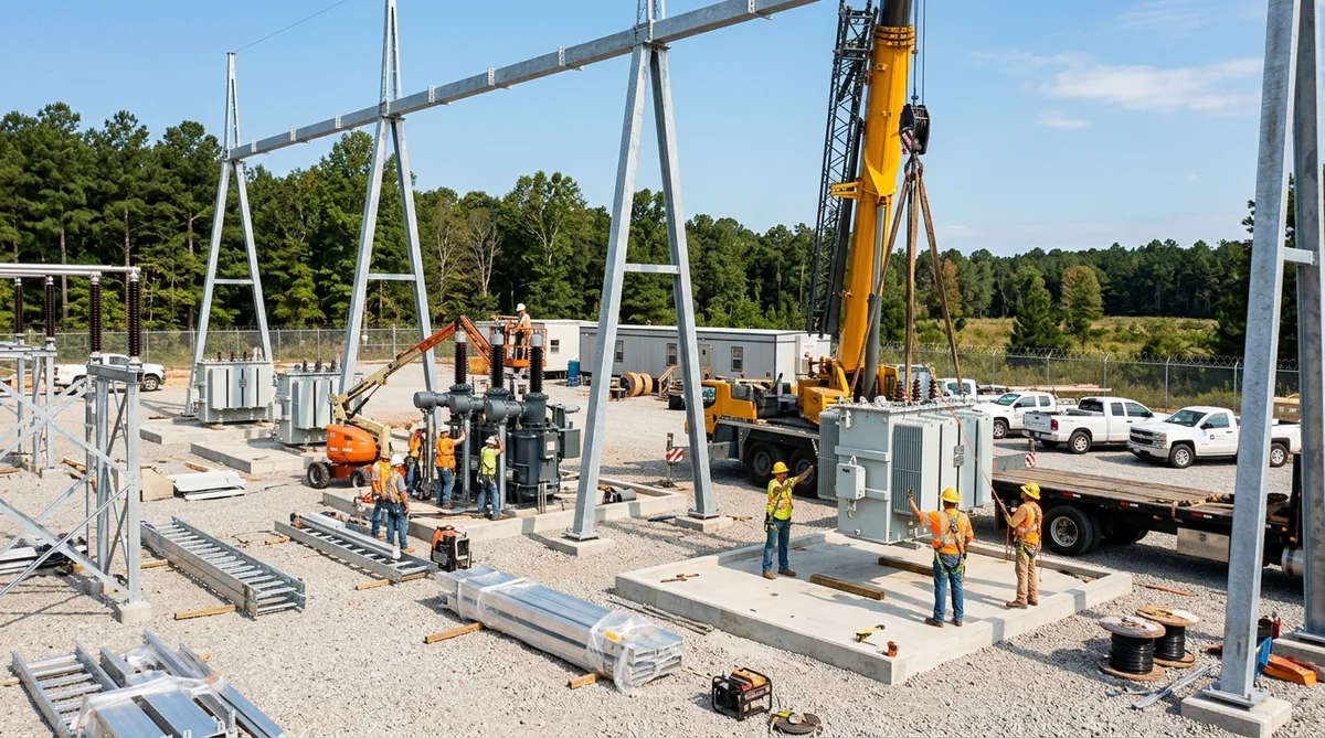 Crew setting a transformer on its support steel at a substation site